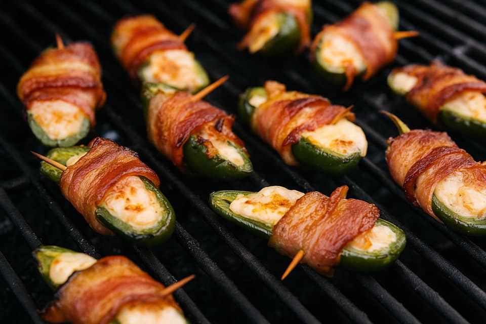 Illustration of bacon-wrapped jalapeño poppers on a grill