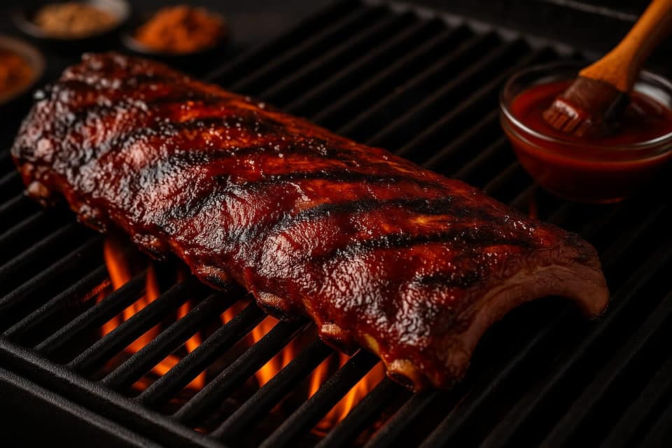 Illustration of glazed baby back ribs on a grill