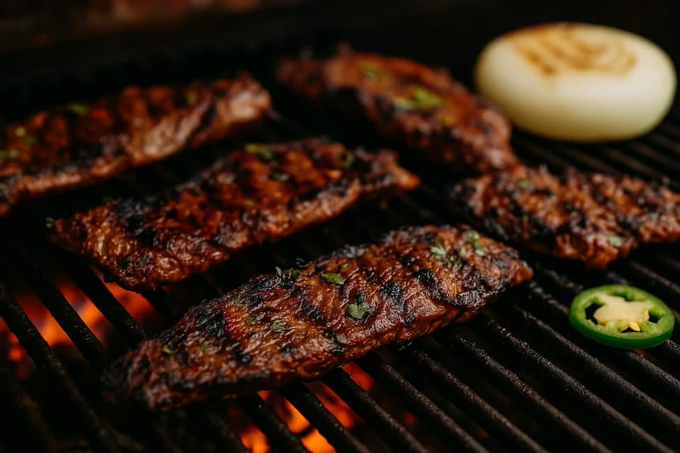 Illustration of carne asada steaks on a grill