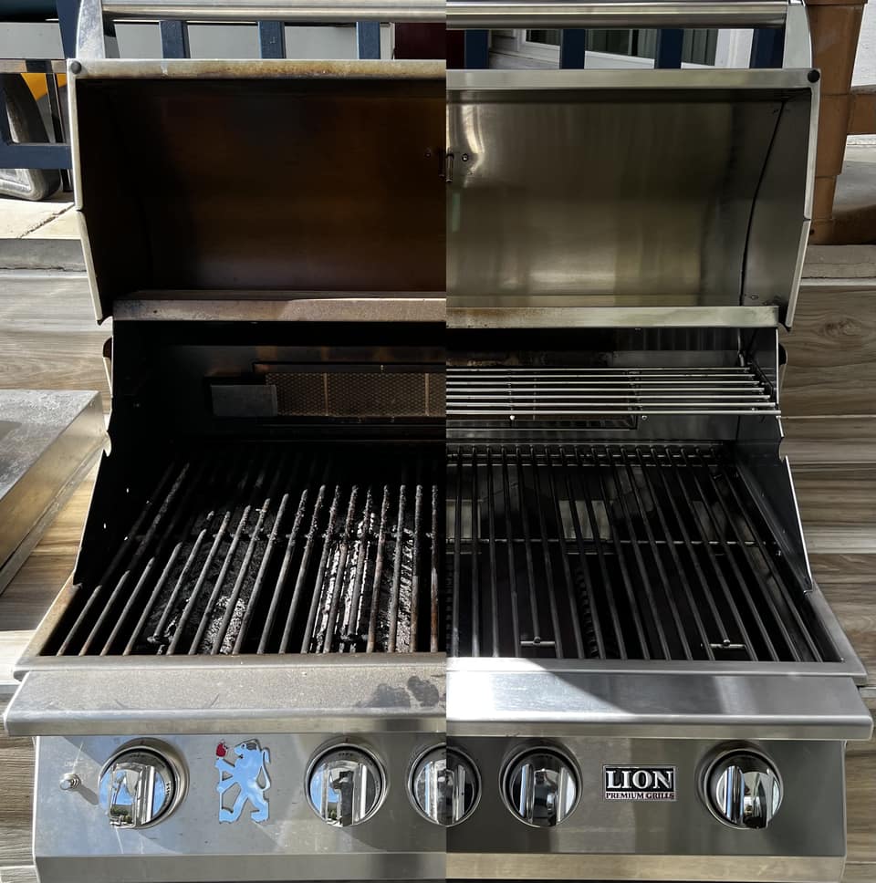 Lion grill before and after professional cleaning in Palm Springs, CA