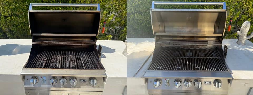 Lion grill before and after professional cleaning in Rancho Mirage, CA